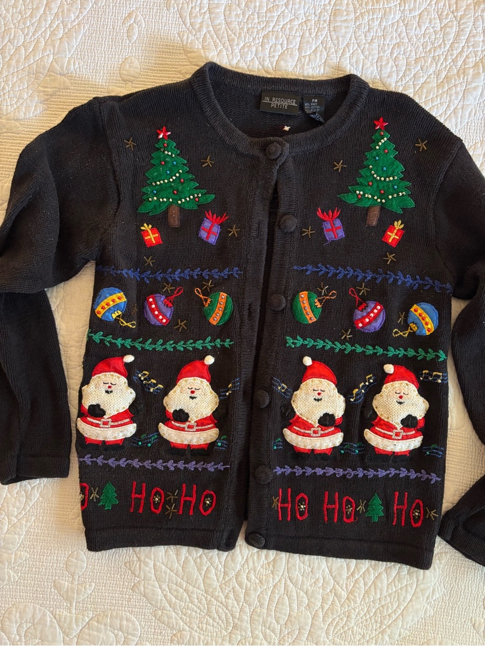 Vintage Holiday Santa & Tree Embroidered Black Sweater Cardigan